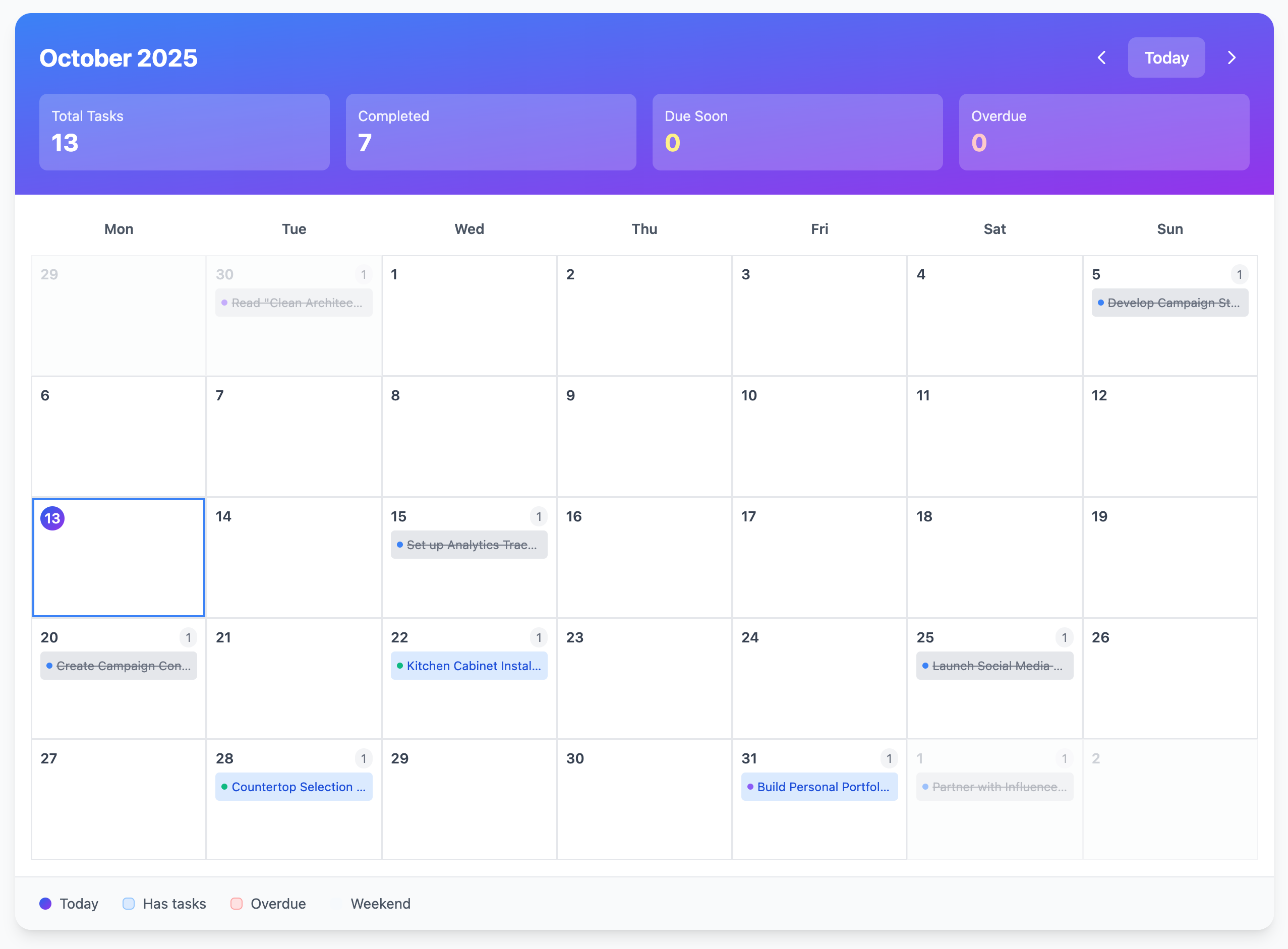 Calendar view with task scheduling and deadlines